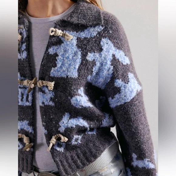 Free People Home Sweet Home Cardi- Charcoal Peri Bunny Print - Picture 2 of 9